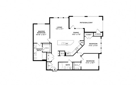Floor plan for 3 beds, 2 baths, 1372 sqft
